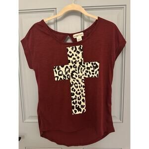 Rocker Girl Juniors Burgundy Animal Print Short Sleeve Cross T Shirt Tee M (7-9)